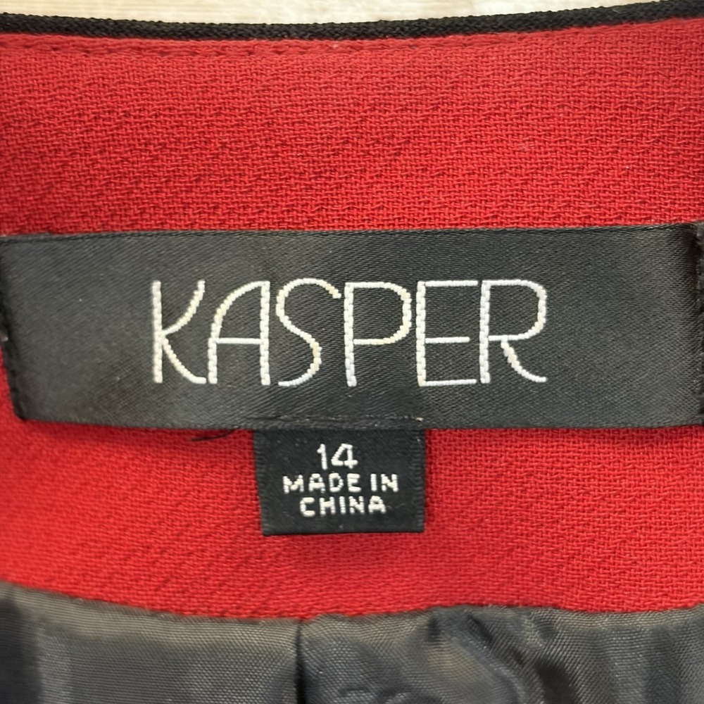 Kasper Womens 14 Blazer Red Longline Jacket Black Pick Stitch Collarless Career - Picture 8 of 10